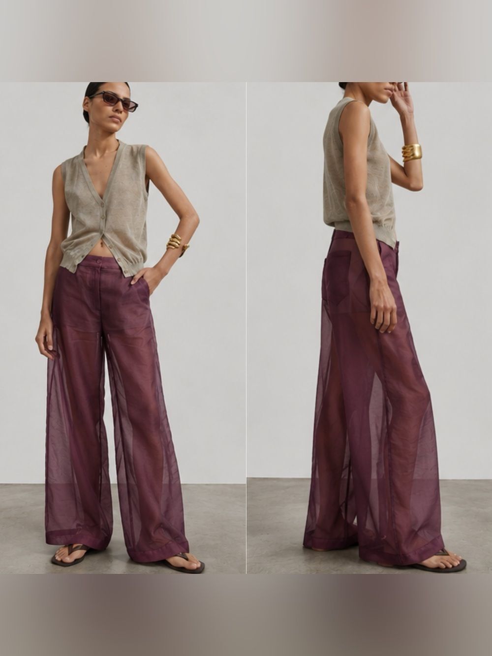 The Frankie Shop ABRA SHEER TROUSERS in “Eggplant”